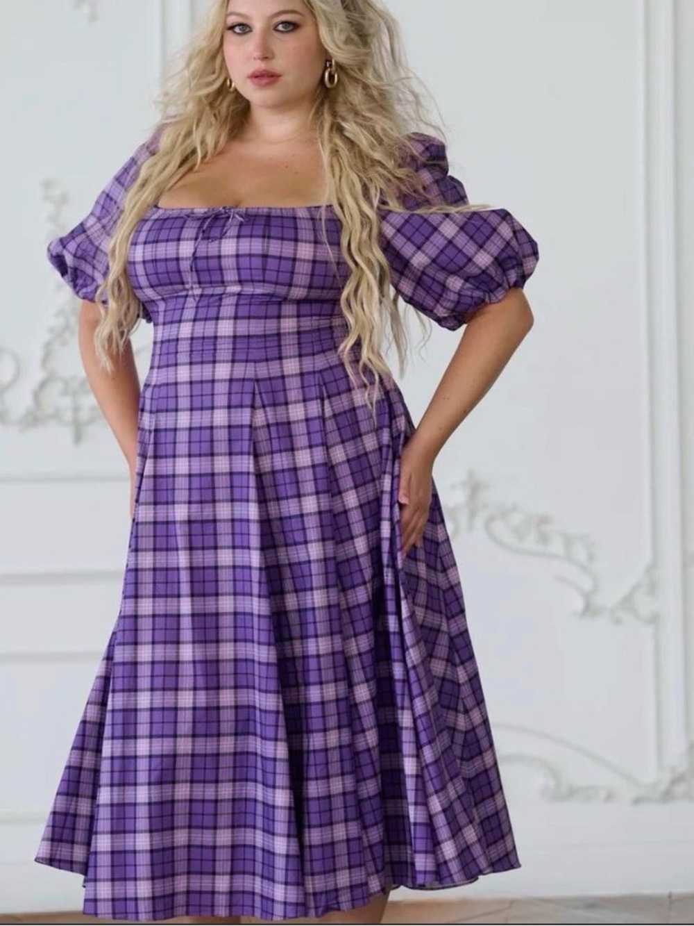 Selkie Purple Plaid Midi Dress with Puff Sleeves